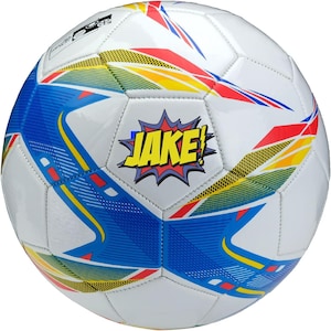 May include: White football with blue, yellow, and red detailing. The ball has a graphic that says "JAKE!" in a comic book style. The ball is designed with a classic pentagon and hexagon panel design.