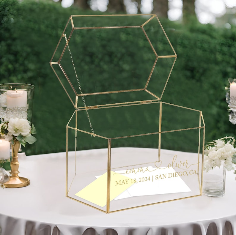 Glass Card Box Personalized Handmade Deluxe Gold Framed Wedding/Bar Mitzvah/Party Gift Card Box with Hinged Lid Holds 150 Envelopes Personalization 2