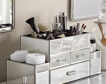 Organizador cosmético con espejo personalizado hecho a mano - 3 cajones espejo baño tocador joyería de escritorio almacenamiento de maquillaje - oro rosa o plata
