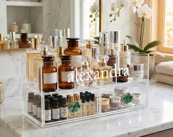 Organizador de perfumes y maquillaje de acrílico de lujo, personalizado y hecho a mano. Perillas de geoda doradas. Vitrina transparente con cajones.