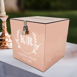 Caixa de cartão de presente personalizada feita à mão, de acrílico espelhado, de 25 cm, em ouro rosa, para casamento/bar mitzvá/festa, com trava e tampa - comporta 150 envelopes