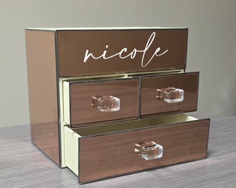 Personalized Handmade Aged Copper Mirror Cosmetic Organizer - 3 Drawer Mirrored Bathroom Vanity Desktop Jewelry Makeup Storage Bin