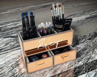 Personalized 2-Drawer Mirrored Vanity Organizer: Handmade Makeup & Jewelry Storage for Bathroom or Desktop - 2 Colors
