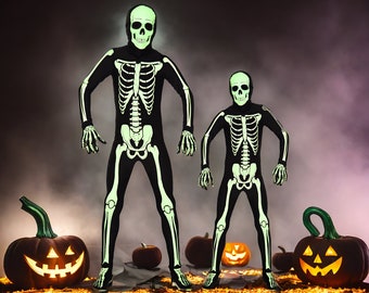 Glow-in-the-Dark Halloween Skeleton Costume - Full Body Skull & Bones Skin Suit - 7 sizes for All Ages - Zentai Spandex Zippered Design