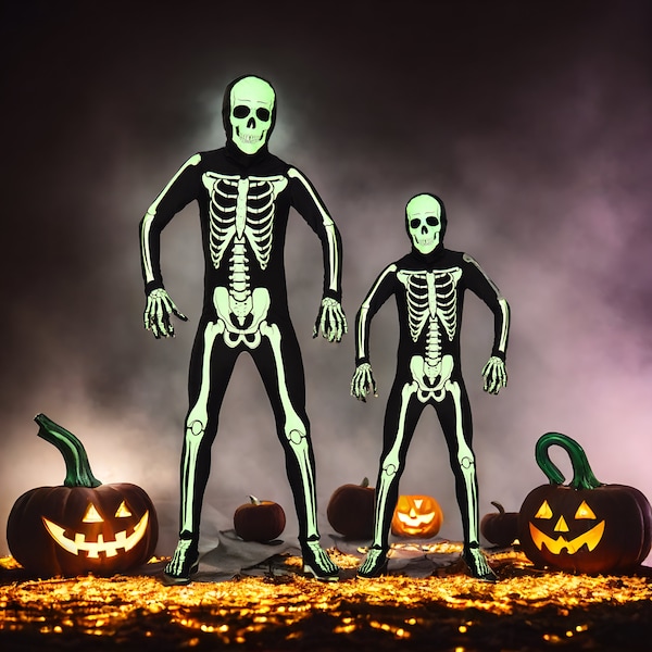 Glow-in-the-Dark Halloween Skeleton Costume - Full Body Skull & Bones Skin Suit - 7 sizes for All Ages - Zentai Spandex Zippered Design