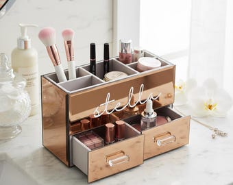 Personalized 2-Drawer Mirrored Vanity Organizer: Handmade Makeup & Jewelry Storage for Bathroom or Desktop - 2 Colors