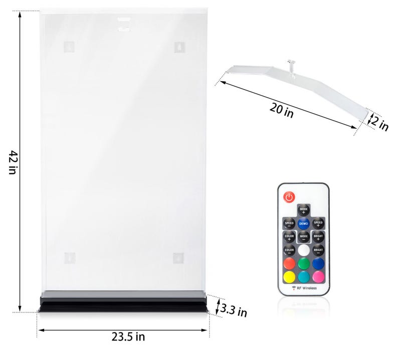 Puede incluir: Un panel de luz LED acr&iacute;lico transparente, de 106,7 cm de alto y 59,7 cm de ancho, con una base negra. Incluye un mando a distancia y un soporte de montaje, de 50,8 cm de largo. El mando tiene botones para el control del color y la velocidad.