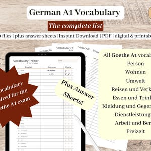 May include: A digital download for German language learners. The image shows a tablet displaying vocabulary exercises, with the text "German A1 Vocabulary" and "The complete list." Includes answer sheets and vocabulary lists for the Goethe A1 exam.