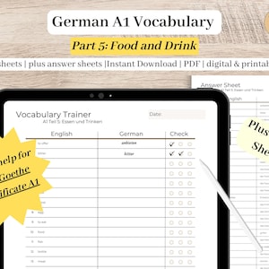 Deutsche Lebensmittel Vokabelliste | Englisch-Deutsche Wörter aus Essen & Trinken | A1 Goethe Prüfungsvorbereitung | Digitales Lernblatt für Anfänger | Druckbar