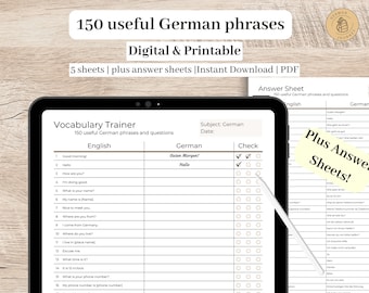 English German vocabulary worksheet: 150 useful German phrases | Digital & Printable | A1 |  voca list | frequent words | Learn German