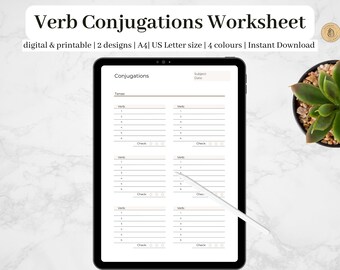 Pode incluir: Uma folha de trabalho de conjugação verbal imprimível digital em tamanho A4 ou US Letter. A folha de trabalho tem quatro seções com espaço para escrever o tempo, o sujeito, a data, o verbo e caixas de seleção.