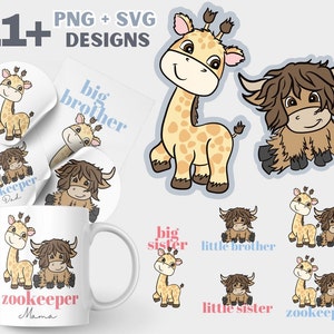 Bebé animales jirafa Highland vaca impresión / hermanita hermana mayor / hermano pequeño mayor SVG PNG / lindo bebé ducha vivero decoración descargar