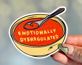 Pegatina de desregulación emocional: humor sobre salud mental, arte de sopa de letras