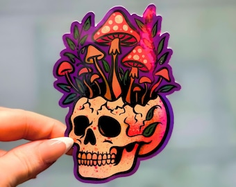 Pegatina holográfica de calavera de hongo - Calcomanía gótica bohemia psicodélica