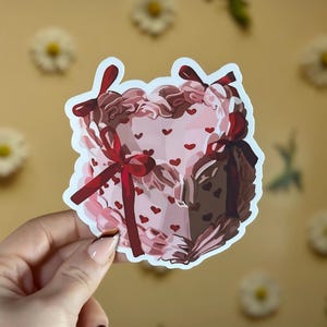 Adesivo de bolo de dia dos namorados, bolo fofo em forma de coração com laço, presente com tema de amor, adesivo romântico para planejadores, laptops, diários, decoração doce