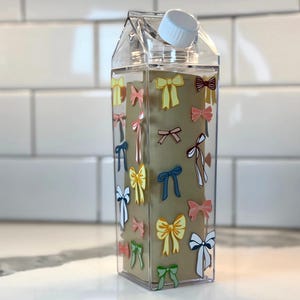 Spring Ribbon Bows Milk Carton Water Bottle - Cute Reusable 17oz BPA-Free Plastic Bottle - Aesthetic Hydration Accessory for Daily Use