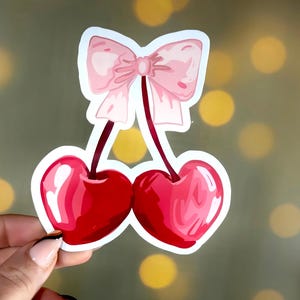 Leuke sticker met kersenhart met roze strik, esthetische vinylsticker voor laptops, tijdschriften, waterflessen, scrapbooking, kawaii cadeau-idee