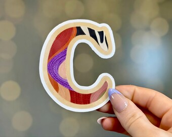 Pegatina con la letra C bordada, calcomanía del alfabeto con aguja perforadora, accesorio para portátil con monograma bordado