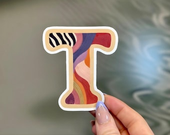 Pegatina con la letra T bordada, calcomanía del alfabeto con aguja perforadora, monograma bordado, pegatina para portátil de punto de cruz