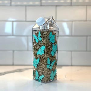 Bouteille d'eau en carton de lait bleu sarcelle dessin au trait Spring Butterfly, 17 oz - Bouteille transparente réutilisable sans BPA avec couvercle - Jolie bouteille d'eau esthétique