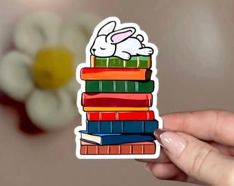 Pegatina de conejo para pila de libros: vinilo acogedor para leer