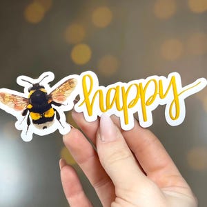 Pegatina de abeja feliz para concienciar sobre la salud mental / Calcomanía con abejorro y escritura amarilla / Bonita pegatina estética de afirmación positiva primaveral
