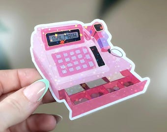 Pegatina holográfica de matemáticas para niñas, caja registradora rosa, humor moderno