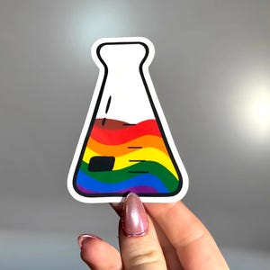 Pegatina científica del orgullo LGBTQ+, colorida calcomanía de matraz Erlenmeyer, regalo para científicos queer, vinilo impermeable para laboratorio de química