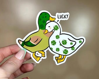 Pegatina de vinilo Lucky Duck para el Día de San Patricio: Patos trébol