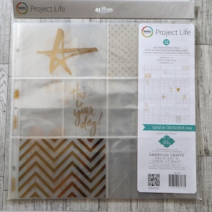 May include: Clear plastic photo pocket pages with gold foil accents. The pages are divided into sections with gold foil designs, including a star and chevron pattern. Text on the packaging reads "Project Life" and "This is your day!" The pages measure 12x12 inches.