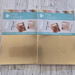 Puede incluir: Dos paquetes de cartulina dorada, cada uno etiquetado "Foil Stack" y que contiene 12 hojas. La cartulina mide 15,2 cm x 20,3 cm (6 x 8 pulgadas). El embalaje presenta imágenes de cuadernos y bolígrafos.