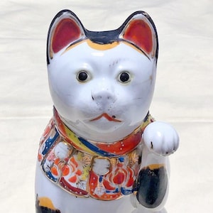 Antique Seto Maneki Neko | Rare Fortune Cat | Meiji-Taisho Era Japanese Porcelain | 28cm Tall | Handcrafted Good Luck Figurine