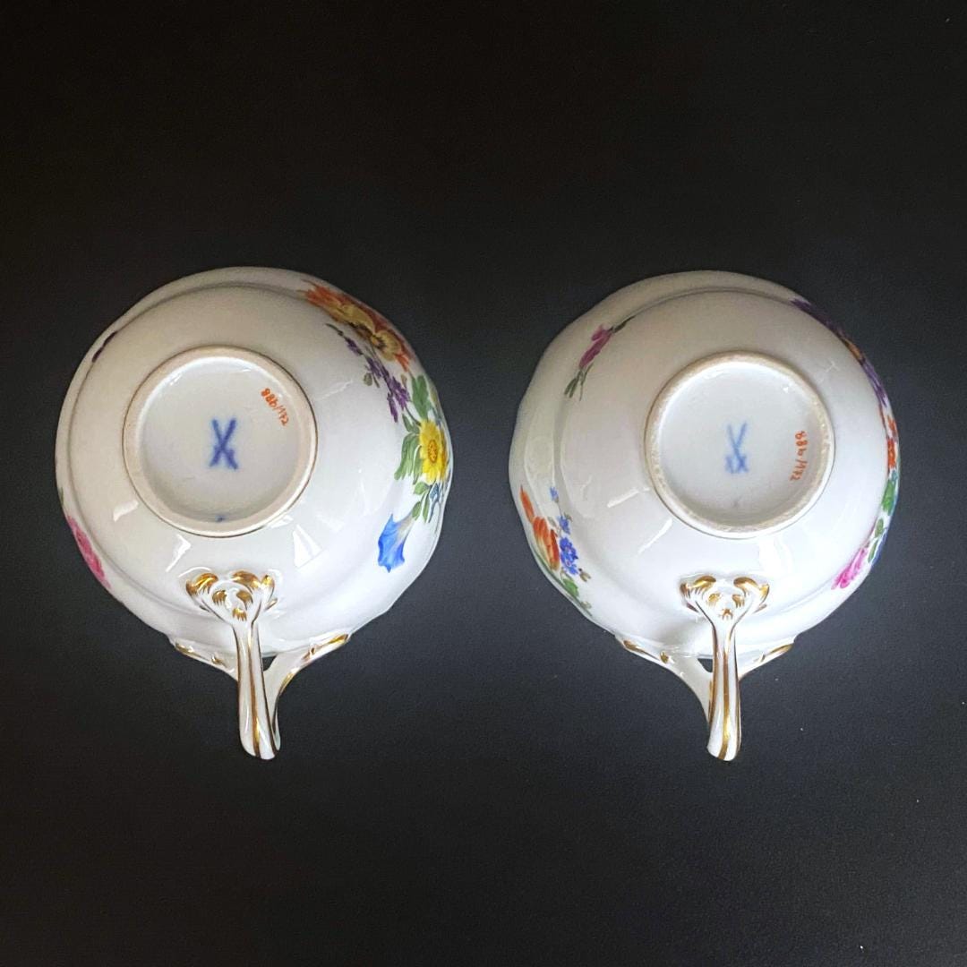 Meissen Crossed Swords Tea Cup and Saucer Set With Large & Medium