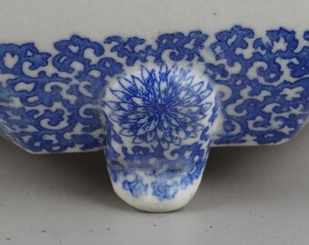 ヴィンテージ瀬戸焼六角形盆栽鉢 – 青と白の釉薬、花柄、幅24.5cm