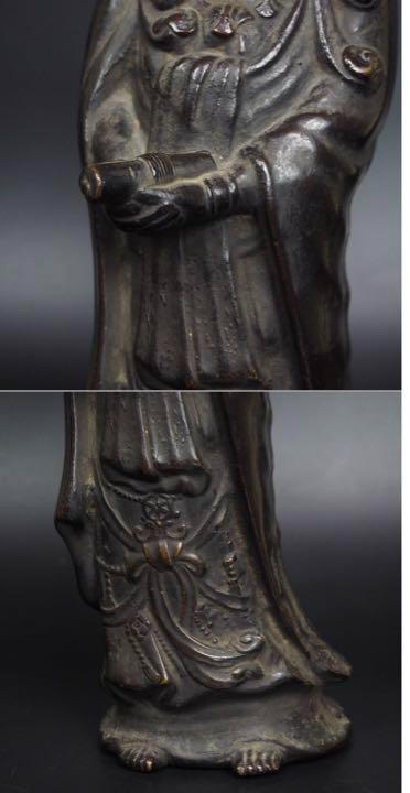 江戸時代の青銅製観音像 - 高さ30cm、穏やかな眼差しと流れるような衣