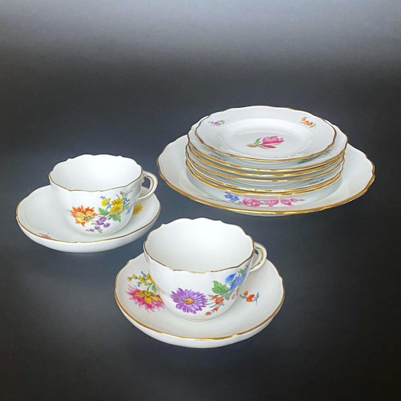 Meissen Crossed Swords Tea Cup and Saucer Set With Large & Medium