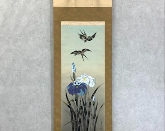 Japanese Hanging Scroll by Shoko – Iris Flowers and Birds Painting, Kakejiku with Signed Box, Traditional Flower & Bird Art
