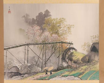川合玉堂作「岳水春雨」日本美術掛軸、限定13/480、絹本刷り、箱付