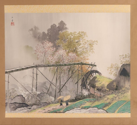 掛軸　小学館発行　複製　川合玉堂筆　銘「渓村春雨」　限定480部　C　8462A 川合玉堂作「岳水春雨」日本美術掛軸、限定13/480、絹本刷り、箱付