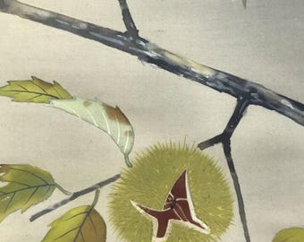 栗の木にとまるキツツキを描いた日本の掛け軸 – 庄三作、手描き絹製