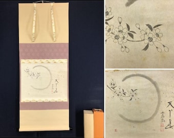 Zen Calligraphy “Tenka no Haru” Spring Enso with Cherry Blossoms by Nishigaki Daidō, Daitokuji, Elegant Tea Room Kakejiku Scroll