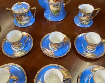 Antique 1910 Old Noritake 15-piece Turquoise Blue Tea Set With