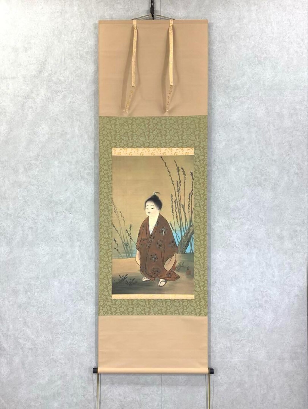 日本の掛け軸 ― 横山大観作「無我（無我）」の複製、静謐な子供像、箱