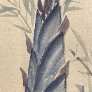May include: Watercolor painting of a plant with blue-gray leaves and purple accents. The background features light green bamboo leaves on a beige background. Small gold flecks add detail to the leaves.