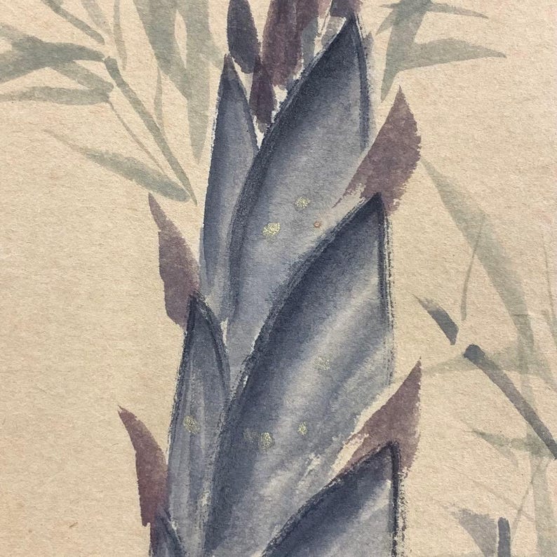 May include: Watercolor painting of a plant with blue-gray leaves and purple accents. The background features light green bamboo leaves on a beige background. Small gold flecks add detail to the leaves.