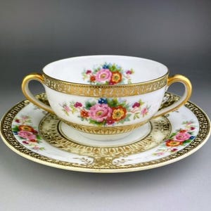 Old Noritake Floral & Gold Gilded Double-Handle Soup Cup and Saucer Set, Hand-Painted Bouillon Cup, 1920s Antique