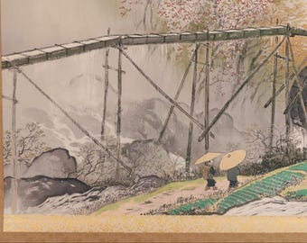 川合玉堂作「岳水春雨」日本美術掛軸、限定13/480、絹本刷り、箱付
