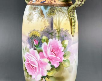 【希少】オールドノリタケ アール・デコ ２４．７㎝ 花瓶 ポピー図 羊ハンドル ノリタケ アールヌーボー様式 オールド花瓶 – 高さ24.9cm ピンクのバラ