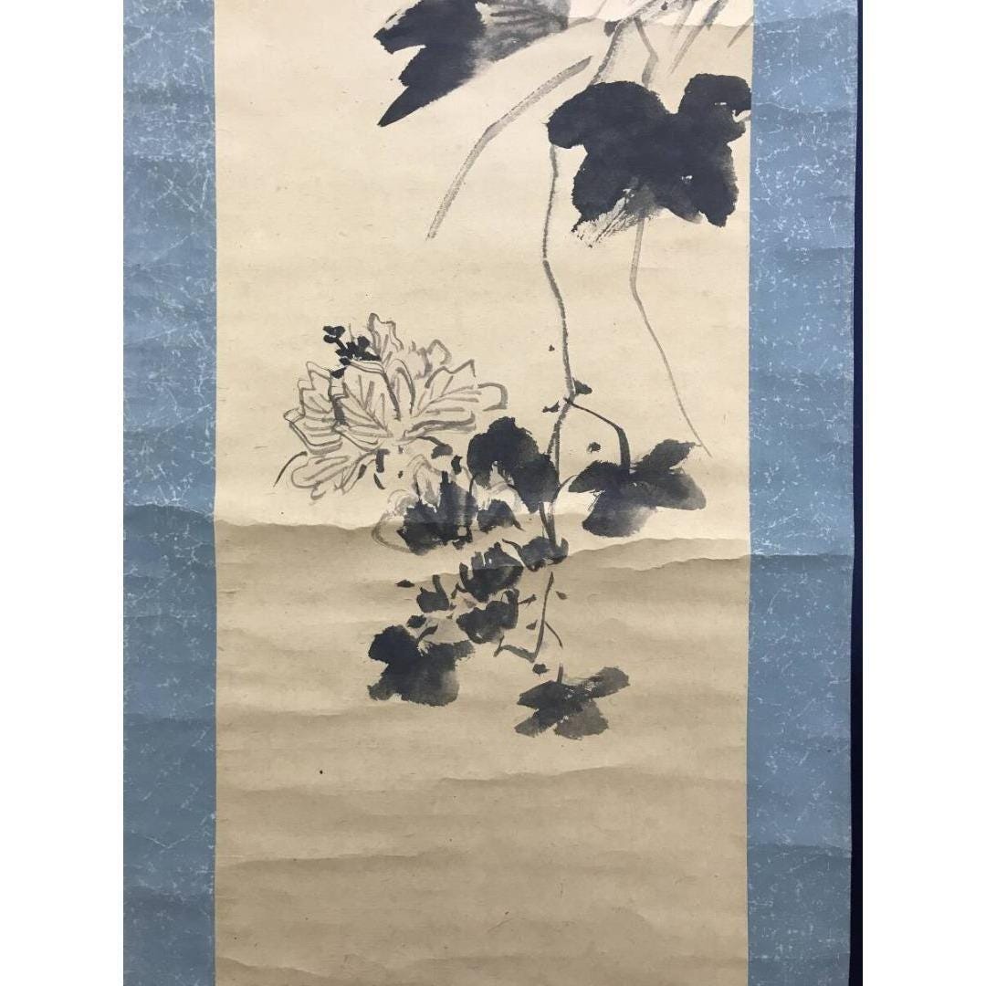 秋の鳥と花の掛け軸、手描きの日本の掛軸、雀と菊、侘び寂びの禅の壁