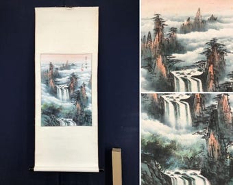 ヴィンテージ 掛け軸 絵画 風景画 山水画 滝 南画 墨絵 掛軸 R710101